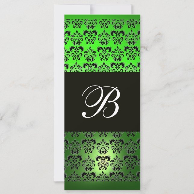 GREEN BLACK  DAMASK MONOGRAM ,white emerald Invitation (Front)