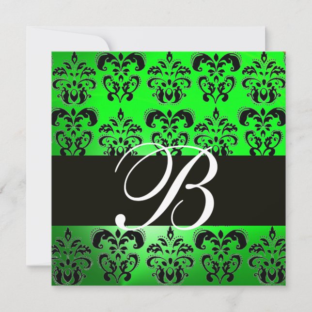 GREEN BLACK  DAMASK MONOGRAM , white Invitation (Front)