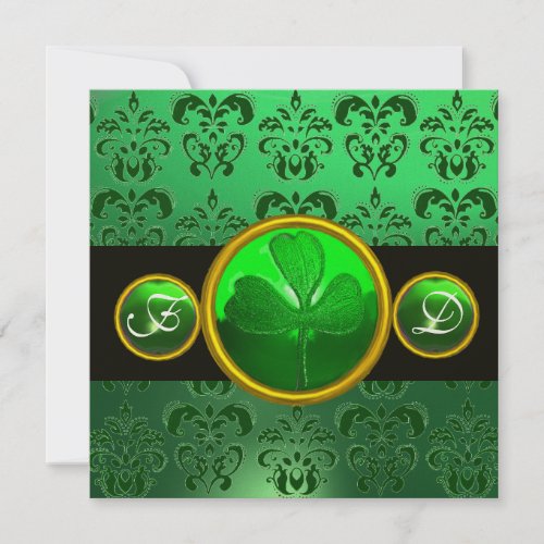 GREEN BLACK DAMASK SHAMROCK MONOGRAM INVITATION