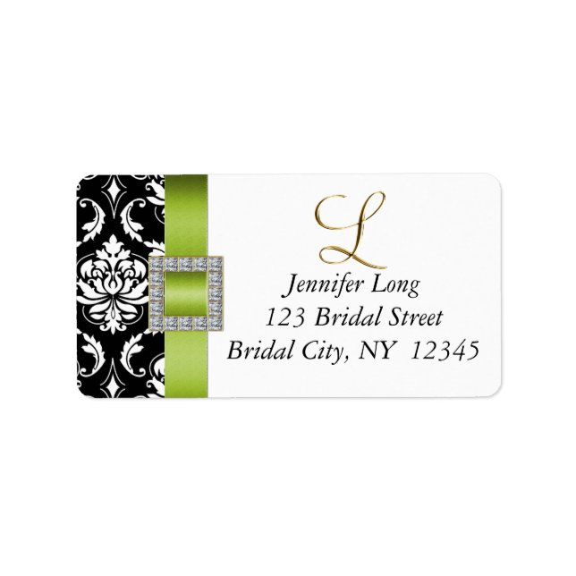 Green Black Damask Wedding RSVP Address Label (Front)