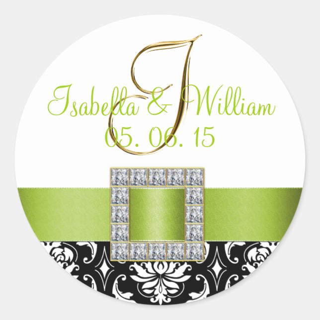 Green Black Damask Wedding Sticker | Initial (Front)