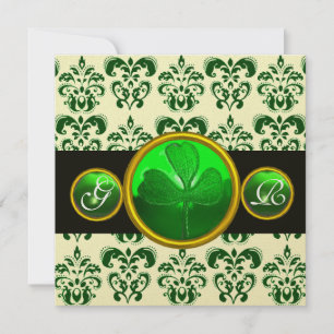 GREEN BLACK DAMASK WITH SHAMROCK MONOGRAM Gold Invitation
