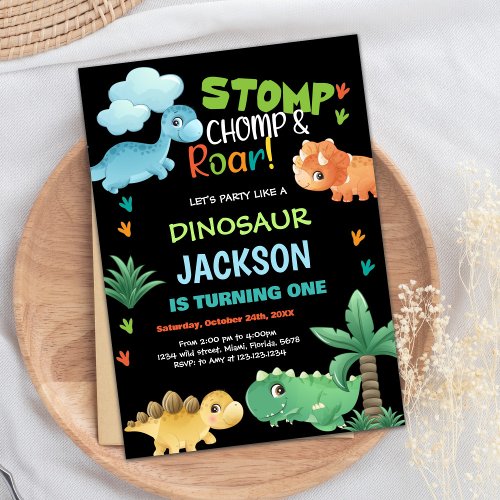 Green Black Dinosaur Birthday Invitations