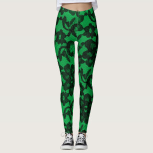Green & Black Elegant Faux Lace Spandex Leggings