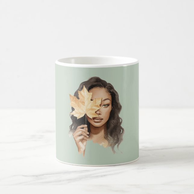 Green Black Female Yellow Leaf Fall Coffee Mug (Center)