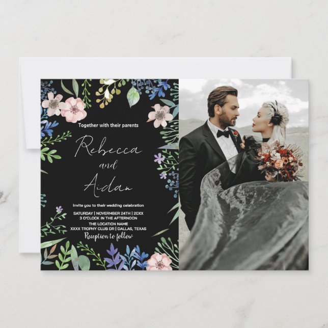 Green Black Floral Wedding Invitations with photo (Front)