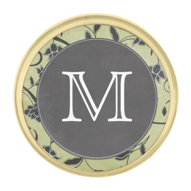 Green Black Flower Background Monogram Gold Finish Lapel Pin (Front)