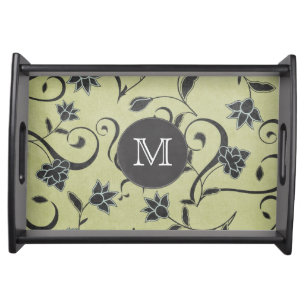 Green Black Flower Background Monogram Serving Tray