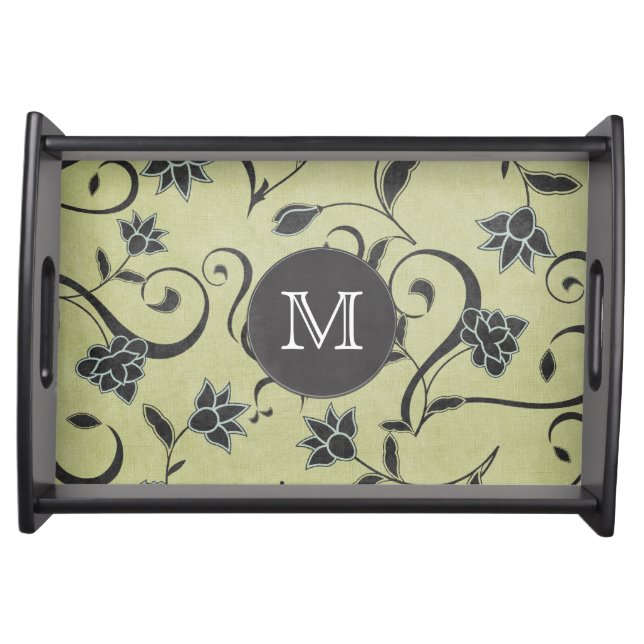 Green Black Flower Background Monogram Serving Tray (Front)