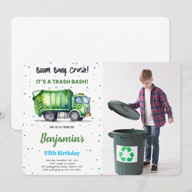 Green & Black Garbage Truck Photo Invitation (Front/Back)