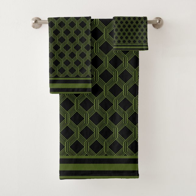 Green Black Geometric Pattern Bath Towel Set (Insitu)
