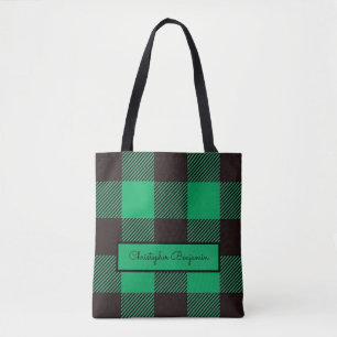 Green Black Gingham Buffalo Plaid Farmhouse Tote Bag