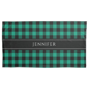 Green & Black Gingham Plaid Farmhouse Pattern Name Pillow Case