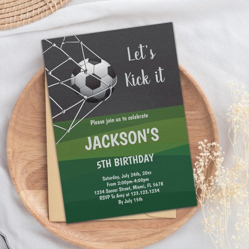 Green Black Goal Soccer Invitation White Text