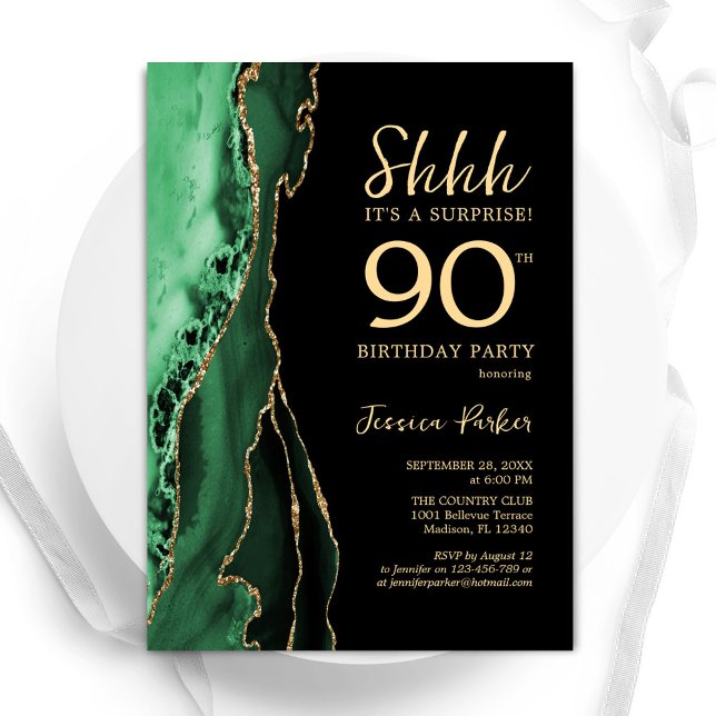 Green Black Gold Agate Surprise 90th Birthday Invitation (Creator Uploaded)