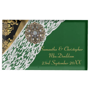 Green black gold damask with white lace wedding place card holder