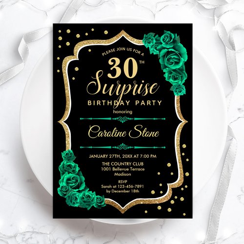 Green Black Gold Invitation Surprise 30th Birthday