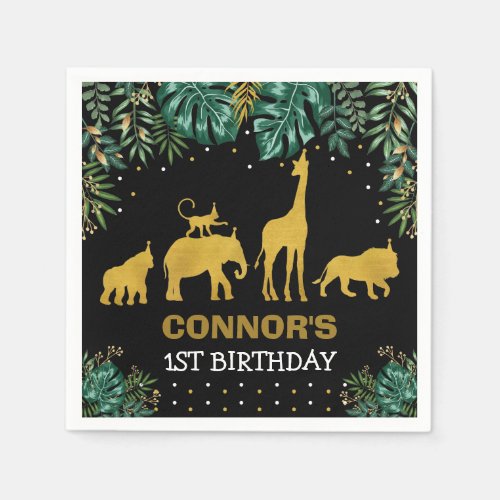 Green Black Gold Jungle Animals Tropical Birthday Napkins