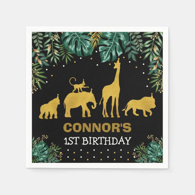 Green Black Gold Jungle Animals Tropical Birthday Napkins (Front)