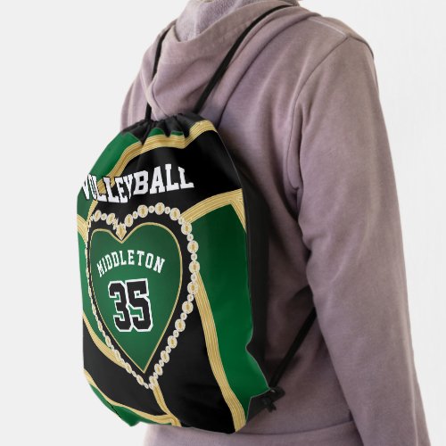 Green Black  Gold _ Love Volleyball Drawstring Bag