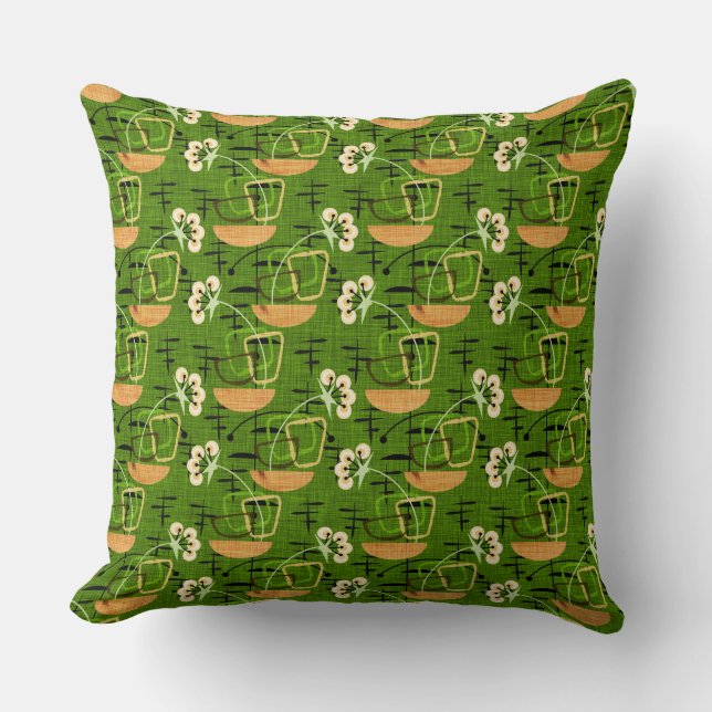 Green, Black & Gold | Mid-Century Modern Throw Pillow (Front)