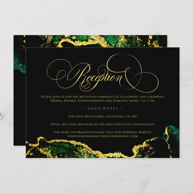 Green Black Gold Reception Directions Wedding Enclosure Card (Front/Back)