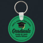 Green Black Graduate Personalized 2026 Graduation Keychain<br><div class="desc">This modern green and black customizable senior graduate keychain features your high school or college name for the class of 2026. Customize with your graduating year under the chic handwritten script and black grad cap for a great personalized graduation key chain gift.</div>