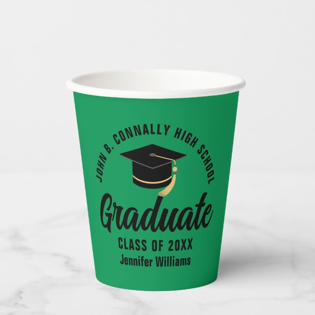 Green Black Graduate Personalized Graduation Party Paper Cups (Front)