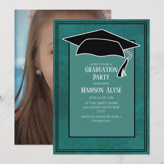 Green Black Graduation Cap Party Photo Invitation (Front/Back)