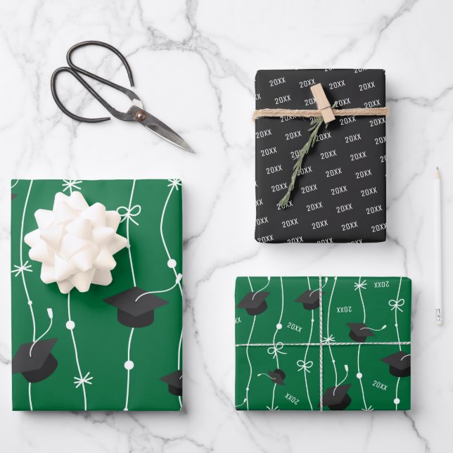 Green & Black Graduation Cap Toss Wrapping Paper (Front)