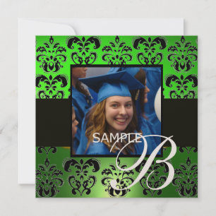 GREEN BLACK GRADUATION DAMASK MONOGRAM champagne Invitation