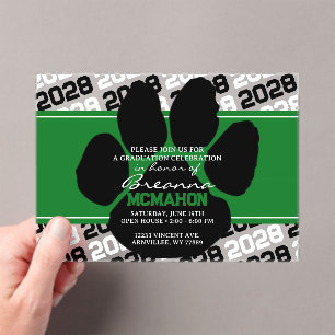 Green & Black Graduation Pawprint Frosted Acrylic Invitations