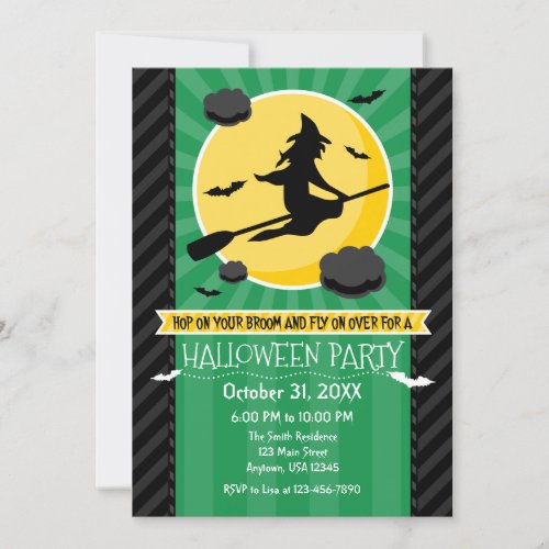 Green Black Gray Witch Halloween Invitation