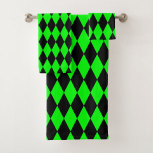 Green Black Harlequin Diamonds Checkers Design Bath Towel Set