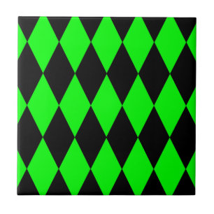 Green Black Harlequin Diamonds Checkers Design Ceramic Tile