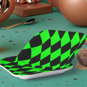 Green Black Harlequin Diamonds Checkers Design Paper Plates