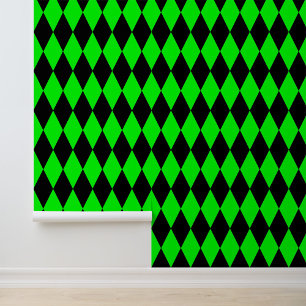 Green Black Harlequin Diamonds Checkers Design Wallpaper