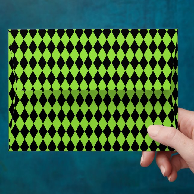 Green Black Harlequin Halloween Party Invitations Envelope (Hand)