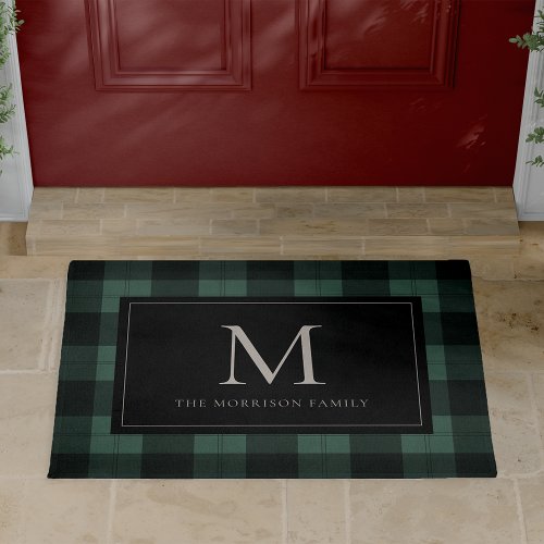 Green  Black Holiday Plaid Monogram  Name Doormat