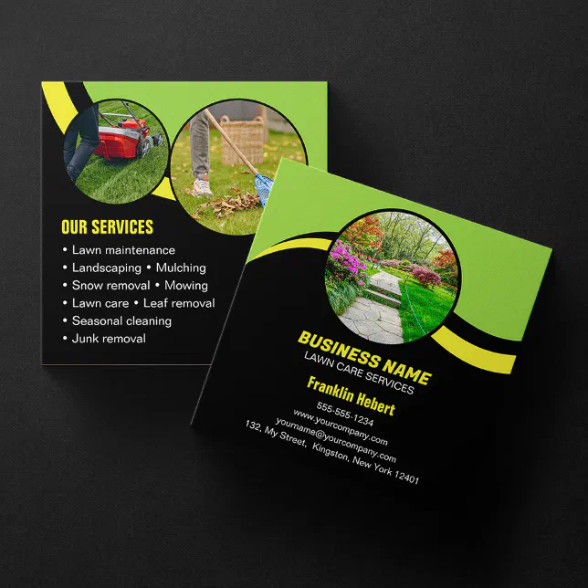 Green Black Lawn Care Landscaping Mowing 3 Photo Square Business Card