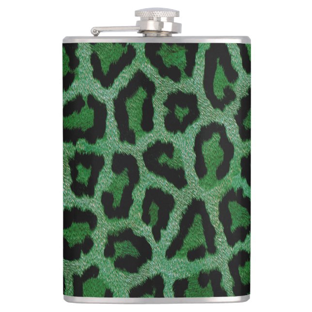 Green Black Leopard Animal Print Flask (Front)