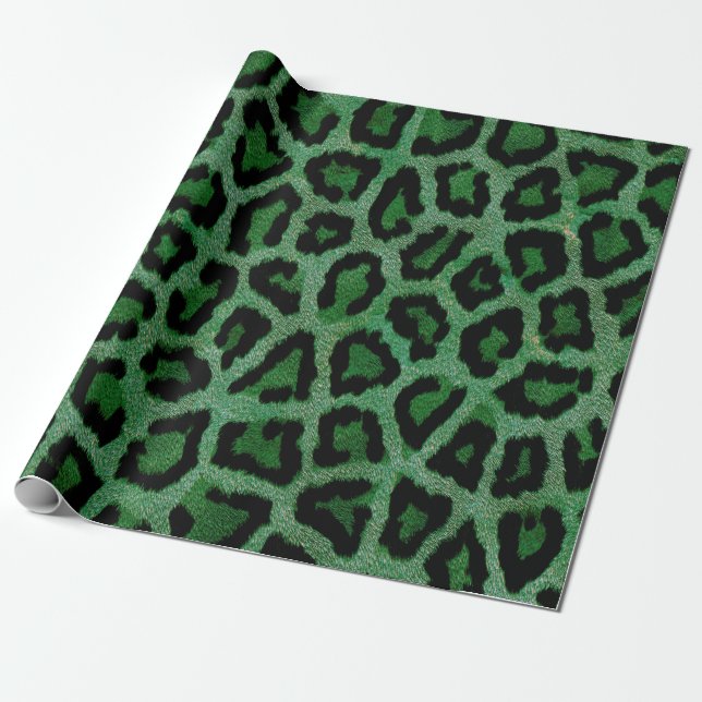 Green Black Leopard Animal Print Wrapping Paper (Unrolled)