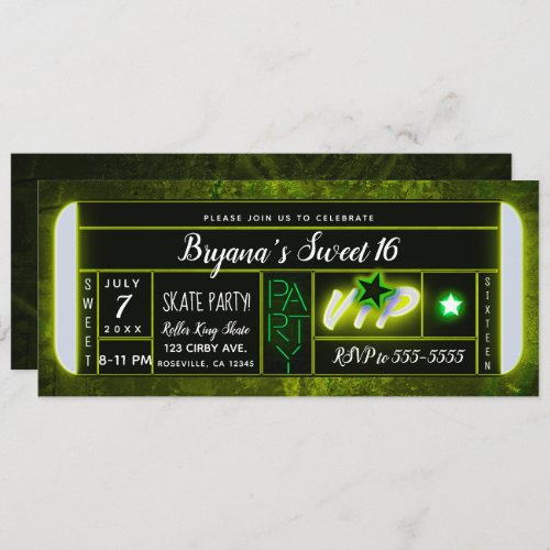 Green  Black Light Glow Birthday Party Ticket Invitation