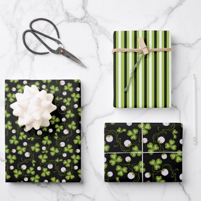 Green & Black Lucky Clover Wrapping Paper Sheets (Front)