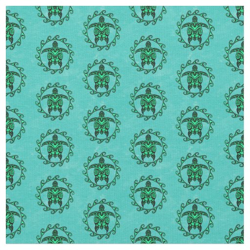 Green Black Maori Sun Symbol Tribal Turtles Fabric