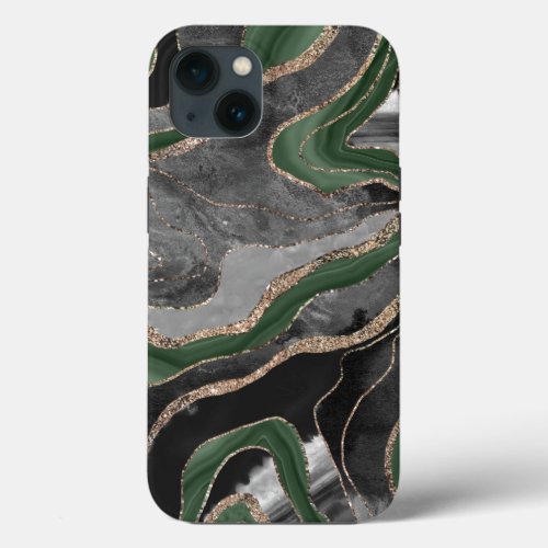 Green Black Marble Agate Gold Glitter Glam 1  iPhone 13 Case