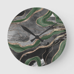 Green Black Marble Agate Gold Glitter Glam #1 Round Clock