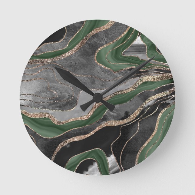 Green Black Marble Agate Gold Glitter Glam #1  Round Clock (Front)