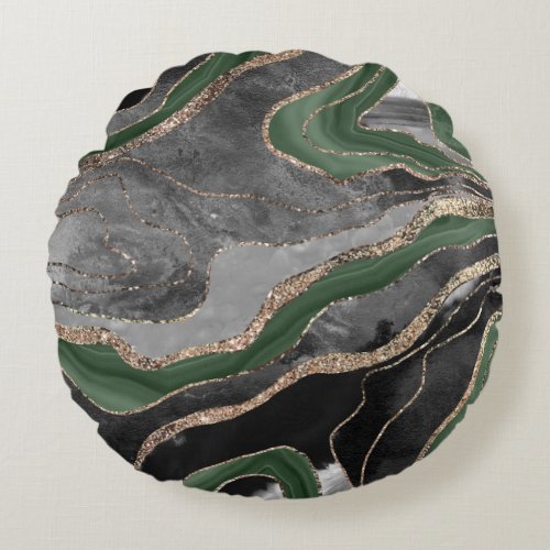 Green Black Marble Agate Gold Glitter Glam 1  Round Pillow