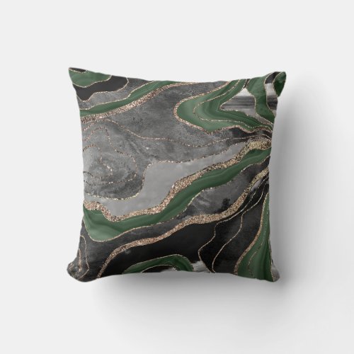 Green Black Marble Agate Gold Glitter Glam 1  Throw Pillow